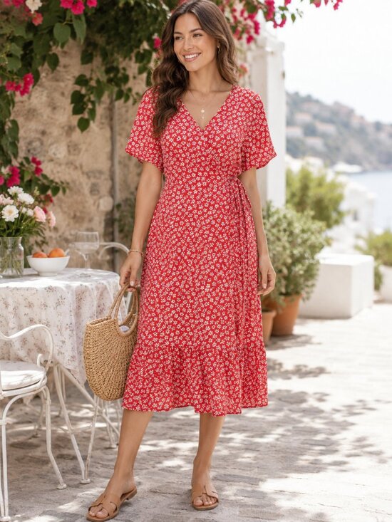 Old Navy Dresses & Skirts - Old Navy Red Ditsy Floral Linen Blend Dolman Wrap Midi Dress Small Cottagecore